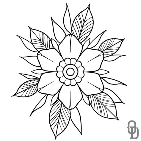 Easy Tattoo Flowers, Neotraditional Tattoo Stencil, Beginner Flash Sheet, Horror Tattoos Simple, Trad Floral Tattoo, Traditional Flower Outline, Old School Flower Tattoo Designs, American Traditional Flower Tattoo Designs, American Traditional Line Work