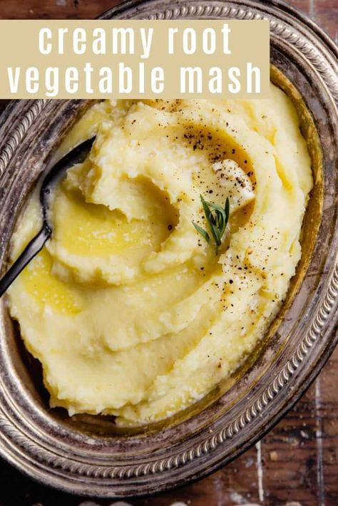 Silky smooth and creamy, this Celery Root & Parsnip Mash gives the classic mashed potato a flavorful upgrade! Serve this buttery puree with pan-seared steak, chicken, pork or even salmon for an elegant dinner in! How To Store Celery, Parsnip Mash, Mashed Parsnips, Classic Mashed Potatoes, Parsnip Puree, Whipped Potatoes, Pan Seared Steak, Mash Recipe, Celery Root