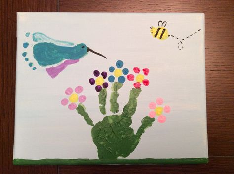 Flower handprint hummingbird footprint Bird Handprint Art, Hummingbird Footprint Art, Baby Feet Flowers Footprint Art, Humming Bird Footprint Art, Foot Print Butterfly Crafts For Kids, Hand And Feet Painting Kids Mothers Day, Baby Feet Mother’s Day Card, Springtime Crafts, Spring Crafts Preschool