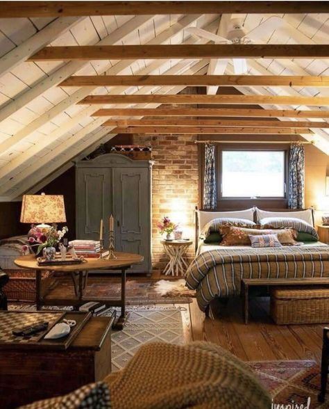 Upstate Ny Cabin, Bed Against Brick Wall, Fishermans Cottage Interiors, T 111 Interior Walls, Cottage Cabin Decor, Eclectic French Country Bedroom, Western Cottage Decor, Rustic Cozy House, Cottage Interiors Cozy