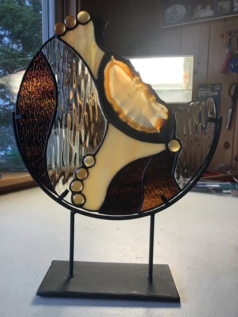 10 inch round;particularly nice agate;  made for Kathy, Fall 2020 Stained Glass With Geodes Agate Slices, Stained Glass Agate, Stained Glass With Agate Slices, Stained Glass Circles, Glass Wall Sculpture, Agate Art, Stain Glass Window Art, Diy Stained Glass Window, Stained Glass Studio