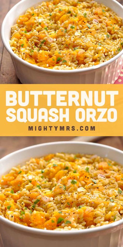 Butternut Squash Orzo (with Feta and Sage) - This warm side dish is such a fall treat. A Thanksgiving side dish that's always a hit. Easy to make too! Just 6 ingredients. Made with orzo pasta, Feta cheese, shallots, roasted butternut squash, and seasoned with butter and sage. This fall recipe is amazing and a must try! Orzo With Feta, Butternut Squash Orzo, Squash Orzo, Orzo Feta, Thanksgiving Side Dishes Crockpot, Thanksgiving Side Dishes Healthy, Best Thanksgiving Side Dishes, Thanksgiving Side Dishes Easy, Thanksgiving Side Dish