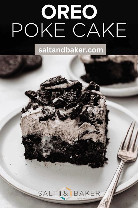 Sweet and moist Oreo poke cake is the BEST Oreo dessert ever! A black cocoa powder cake base is drizzled with sweetened condensed milk, then topped with the easiest Oreo mousse, made with instant Oreo pudding. The perfect chilled, delicious dessert! Oreo Mousse Recipes, Oreo Cake Recipe Homemade, Oreo Mousse Cake, Cocoa Powder Cake, Best Oreo Dessert, Oreo Poke Cake, Easy Oreo Cake, Black Velvet Cake, Oreo Cake Recipe