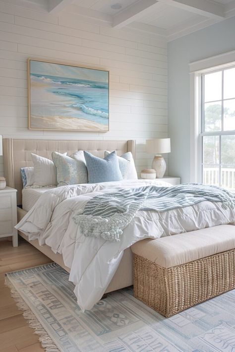 29 Coastal Bedroom Ideas to Create Your Dream Seaside Retreat Modern Coastal Bedroom Ideas, Costal Bedroom, Coastal Room Decor, Modern Coastal Bedroom, Light Blue Bedroom, Beachy Bedroom, Coastal Bedroom Decorating, Coastal Room, Serene Bedroom