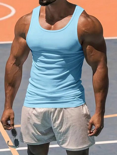 Baby Blue Casual Collar Sleeveless Fabric Plain  Embellished Medium Stretch  Men Clothing Dark Skin Men, Men’s Fitness, Chill Fits, Casual Tank Tops, Men Clothing, Mens Fitness, Mens Summer, Fashion Online Shop, Mens Tank Tops