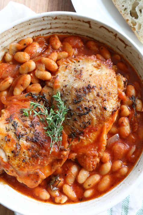 Stewed Chicken with Tomatoes and White Beans White Beans And Tomatoes, Chicken With White Beans, Baked Tomato Recipes, Chicken With Tomatoes, Beans And Tomatoes, Stewed Chicken, Baked Tomatoes, Bean Stew, Things I Want