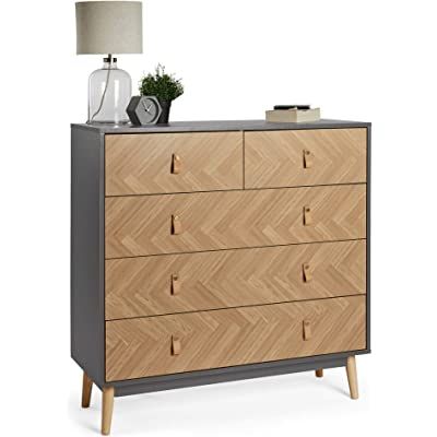 Grey & Wood Effect 5 Drawer Dresser - Scandi Nordic Style Bedroom Drawers - Modern Clothes Storage Cabinet for Bedroom w/Tapered Legs & Faux Leather Tab Handles Herringbone Bedroom, Storage Cabinet For Bedroom, Nordic Style Bedroom, Cabinet For Bedroom, Clothes Cabinet, Modern Clothes, Bedroom Chest Of Drawers, Bedroom Drawers, 5 Drawer Dresser