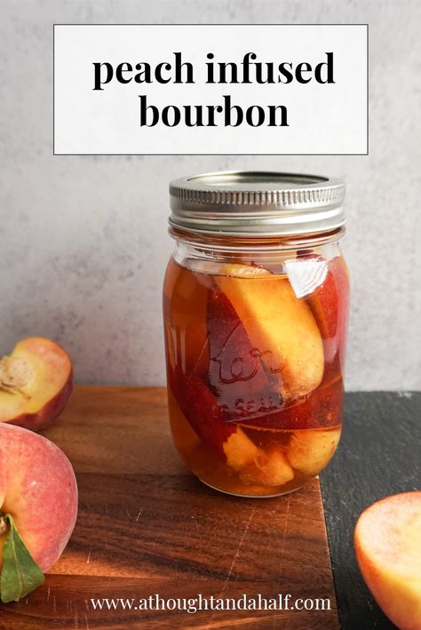 Make your own infused bourbon with ripe peaches. Takes cocktails to the next level! Get the recipe here. | A Thought & a Half - Southern food & lifestyle blog Infused Alcohol Recipes, Infused Bourbon, Peach Whiskey, Julep Recipe, Infused Liquors, Mint Julep Recipe, Bourbon Recipes, Derby Attire, Peach Vodka