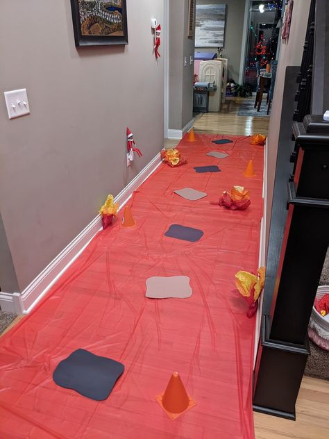 Floor Is Lava, Dinosaur Birthday Cakes, The Floor Is Lava, Elf Magic, Elf Antics, Hallway Designs, Childrens Birthday Party, Dinosaur Birthday, Shelf Ideas