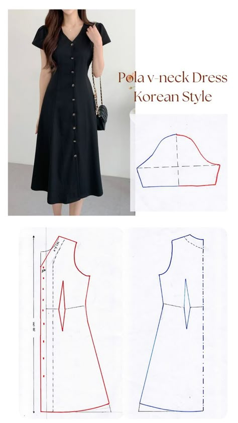 Unlock a world of creativity with our comprehensive sewing patterns download. Get instant access to a vast library of designs, from classic to trendy, to craft stunning garments and home decor items.. #patternsforsewing #free #sewing Korean Dress Pattern Sewing, Midi Dress Pattern Sewing, Drafting Dress Patterns, V Neck Dress Pattern, Korean Dress Style, Korean Midi Dress, Free Dress Pattern, Pola Dress, Sewing Dress Patterns