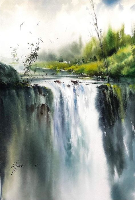 African Paintings, Watercolour Inspiration, Pastel Pencils, Watercolor Landscape Paintings, Beautiful Waterfalls, Watercolor Inspiration, Watercolor Landscape, Face Drawing, Beautiful Birds