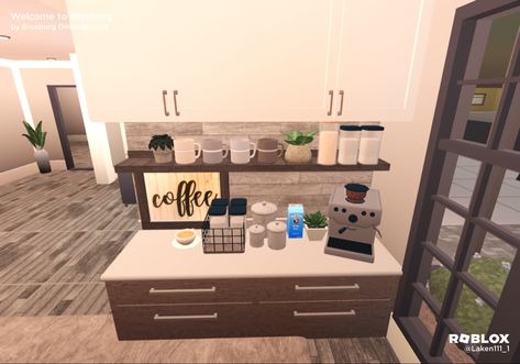 Coffee nook bloxburg Bloxburg Mini Bar Ideas, Bloxburg Coffee Nook Ideas, Bloxburg Coffee Shop Ideas Interior, Bloxburg Nook Ideas, Coffee Bar Ideas Bloxburg, Coffee Bar Bloxburg, Modern Coffee Nook, Bloxburg Coffee Bar, Bloxburg Bar Ideas