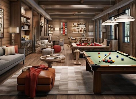 31 Game Room Ideas: For Basement, Garage and Small Rooms Rustic Basement Game Room Ideas, Garage Conversion To Game Room, Modern Farmhouse Game Room Ideas, Convert Garage To Game Room, Family Room With Game Table, Finished Basement Game Room, Ping Pong Game Room, Sport Basement Ideas Decor, Rec Room Ideas Family