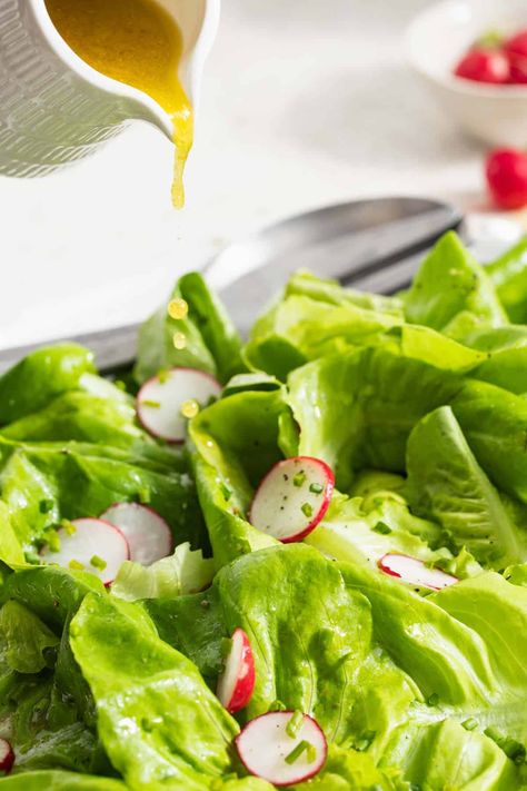 This butter lettuce salad, or bibb lettuce salad makes the perfect simple side salad. With boston bibb or butter lettuce, chives, and radish, it is tossed in a simple dijon vinaigrette. Butterleaf Lettuce Recipes, Butter Lettuce Salad Dressing, Boston Lettuce Salad Recipes, Bib Lettuce Recipes, Bibb Lettuce Salad Recipes, Boston Lettuce Salad, Bib Lettuce Salad, Butter Lettuce Salad Recipes, Bibb Lettuce Salad