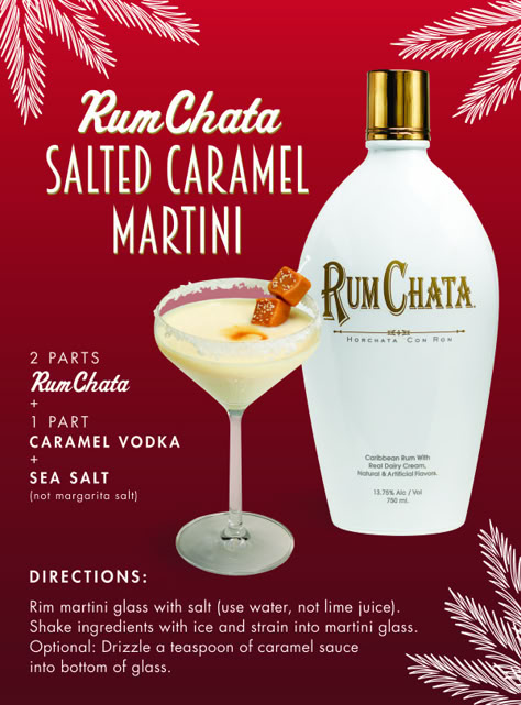 A recipe from RumChata for the Salted Caramel Martini, made with RumChata, caramel vodka, and sea salt. Rumchata Drinks, Salted Caramel Martini, Caramel Martini, Rumchata Recipes, Rum Chata, Christmas Drinks Alcohol Recipes, Caramel Vodka, Dessert Mousse, Martini Recipe