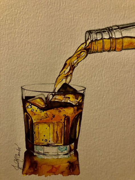 Whiskey Painting Canvas, Whiskey Art Illustrations, Whiskey Watercolor Paintings, Watercolor Whiskey Bottle, Whiskey Painting Acrylic, Whiskey Glass Painting, Drink Art Drawing, Whiskey Bottle Painting, Whiskey Bottle Drawing