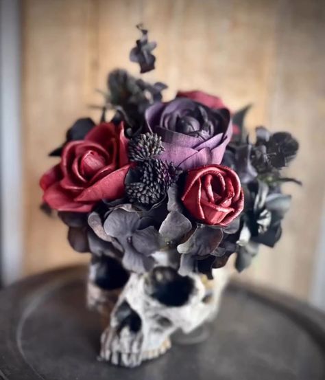 Hey! Thanks for stopping by my Etsy Shop. RESERVED LISTING  Custom order Wood Flower Skull Centerpiece, Black Roses, Dark Purple Wood Flowers, Black Hydrangea & Spikes, Matching Cake Garland 18" length (1) Skull Centerpiece - $149 (Black & Plum Purple) (1) Matching 18" Cake Garland - $98 (Reg $128 - Multi Piece Discount) (1) Free Consultation Fee Package Total - $247 Your State Sales Tax calculates at checkout FREE Standard Shipping FREE Scent Options May ship in 1-2 Boxes Sola Flowers are Eco-friendly, handmade with Balsa wood, hand dip dyed for Custom colors to match Behr paint colors of your choosing. This will be an everlasting Flora piece for your memorable day and beyond! ~Sola wood is a natural product (Tapioca wood/Balsa wood) native to India. It is commonly referred to as sola or Halloween Wedding Black And Purple, Black And Deep Purple Wedding, Purple Black Wedding Theme, Dark Purple Wedding Centerpieces, Witchy Centerpieces Wedding, Black And Purple Wedding Theme Receptions, Dark Fairy Theme Party, Dark Romantic Wedding Centerpieces, Skull Centerpiece Wedding