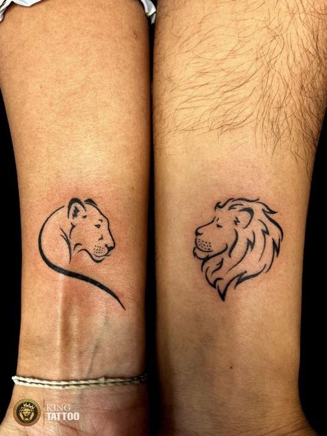 Lion His And Her Tattoos, Husband And Wife Lion Tattoos, Lion Tattoo For Couples, Couples Animal Tattoos, Lion Tattoo Couple, Matching Leo Tattoos, Lion Couple Tattoo, Couples Lion Tattoo, Couple Matching Tattoos