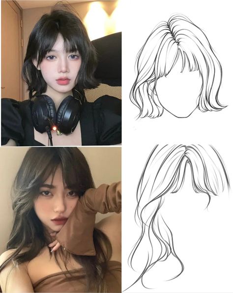 Wavy Hair With Bangs Drawing Reference, Hair Refrences Drawings Anime, Bangs Hairstyle Drawing, Anime Female Hair Drawing, Drawing Bangs Tutorial, Short Hair Styles Drawing Reference, Drawing Bangs Hairstyles, Short Hair Sketch Female, How To Draw Bangs Hairstyles