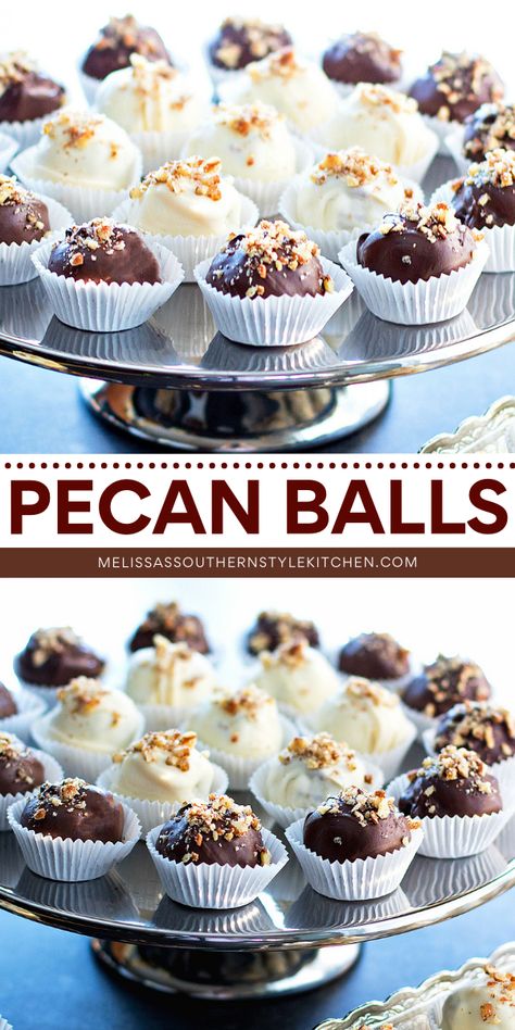 A welcome addition to your Thanksgiving dessert ideas! Family and friends will love these no-bake pecan balls. Dipped in both white chocolate and classic chocolate candy coating, these pecan pie balls are an indulgent sweet treat to make for Thanksgiving! Pecan Truffle Balls, Pecan Balls No Bake, Christmas Pecan Balls, Pecan Cheesecake Bites, Food Balls Ideas, Pecan Pie Truffles Recipe, Ball Shaped Desserts, Pecan Ball Cookies, Pecan Balls With Powder Sugar