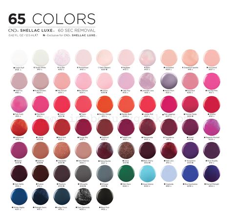 CND Shellac Luxe shade chart; 50 of them match Vinylux hues and 15 are exclusive to this line Cdn Shellac Colors, Cnd Shellac Colors Winter, Cnd Vinylux Colors, Vinylux Nail Polish, Cnd Shellac Colors, Shellac Nail Colors, Cnd Colours, Shellac Nail Polish, Cnd Shellac Nails