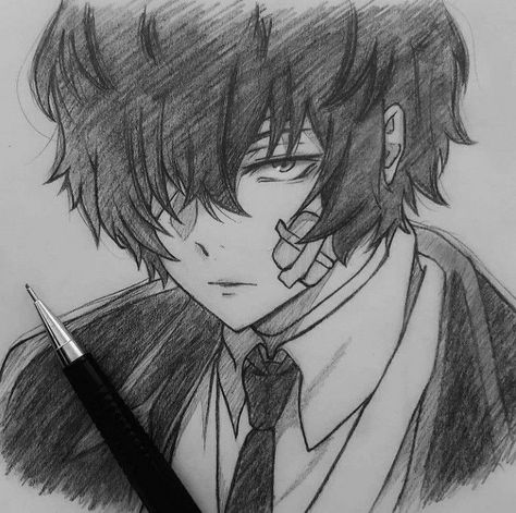 Osamu Dazai Drawing, Hard Sketches Pencil, Dazai Art Pencil, Bsd Drawing Easy, Dazai Drawing Sketch, Dazai Drawing Easy, Dazai Painting, Dazai Osamu Sketch, Dazai Osamu Drawing