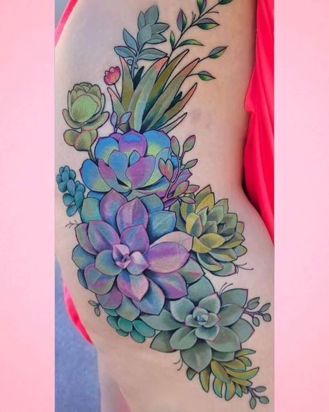 Awesome Succulent Tattoo Ideas For People Who Are Crazy About Succulents Succulent And Flower Tattoo, Succulent Tattoo Design, Succulent Sleeve Tattoos For Women, Succulent Tattoos For Women, Succulent Sleeve Tattoo, Succulent Tattoo Ideas, Succulent Tattoo, Tattoo Sleeve Filler, Floral Thigh Tattoos