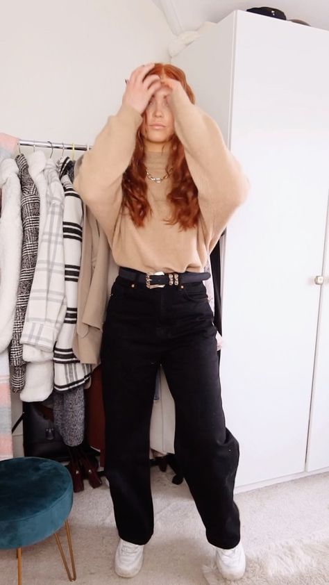 Kirsty 🧜🏻‍♀️ | Travel & Style on Instagram: “Everything linked here:  Black dad jeans - https://rstyle.me/+iTOKtkVO3l4jpSXpsKqKiQ Camel knit- https://rstyle.me/+vTW96rgXa3NJUIQmztvWpQ…” Black Courdory Pants Outfits Winter, Black Tapered Leg Jeans For Winter, Black Dad Jeans Outfit, Fall Washed Black Pants, Washed Black Straight Jeans For Fall, Jeans Outfit Women, Dad Jeans, Basic Outfits, Pants Outfit