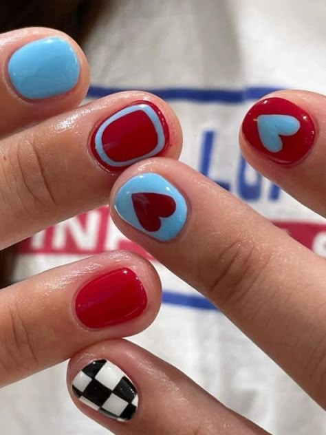 Easy Design For Short Nails, Short Nails Design Valentines, Short Red Nails Design Ideas, Extra Short Nails Design, Red Blue Nail Art, Valentines Nails Pink Hearts, Short Nails With A Heart, Cute Pattern Nails, Super Short Simple Nails