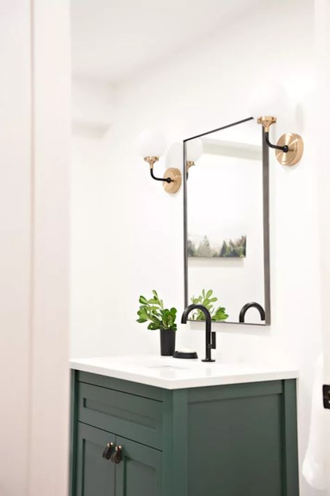 30 Bathroom Paint Colors Interior Designers Swear By Benjamin Moore Lafayette Green, Lafayette Green, Best Bathroom Paint Colors, Nickel Faucet, Polished Nickel Faucet, Hexagon Tile Floor, Rendered Floor Plan, Green Vanity, Matte Black Faucet