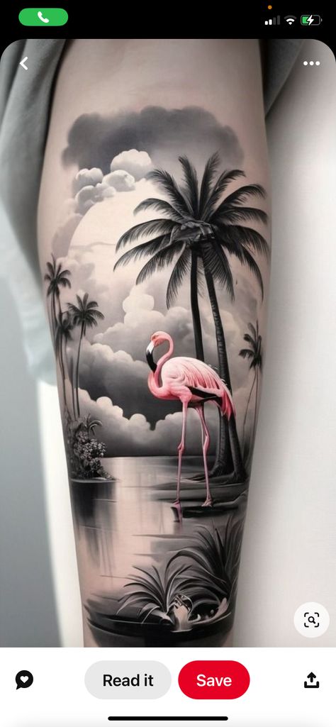 Realism Tattoo Design For Women, Flamingo Beach Tattoo, Flamingo Tattoo Sleeve, Flamingo Tattoo For Men, Black And Grey Flamingo Tattoo, Palm Tree And Flamingo Tattoo, Palm Tree Flamingo Tattoo, Black Flamingo Tattoo, Flamingo Tattoo Design