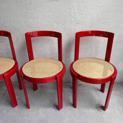 Set of six, Italian modernist dining chairs feature circular, lipstick red stained beech frames with natural caned seats. Bauhaus Dining Room, French Bistro Inspired Kitchen, Cool Dining Chairs, Red Chairs, Red Round Dining Table, Red Kitchen Chairs, Red Chairs Dining, Bruno Rey Chair, Baby Blue Dining Chairs