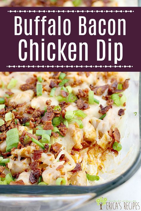 Traditional cream cheese chicken dip brought to a whole new level with bacon! Buffalo Bacon Chicken Dip is a game-day perfect, crowd pleasing favorite. #appetizer #partyfood #chickenrecipe #bacon Cream Cheese Chicken Dip, Cold Dip Recipes, Chicken Snacks, Bacon Chicken, Chicken Appetizers, Cheese Chicken, Quick And Easy Appetizers, Chicken Dip, Cream Cheese Chicken