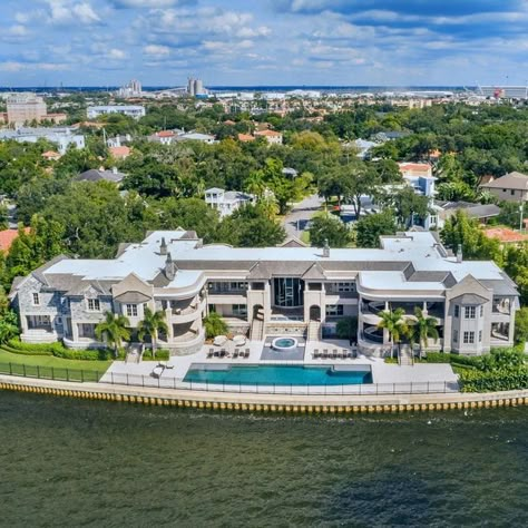 Millionaire Homes on Instagram: "The expansive residence, the largest in South Tampa at just under 22,000 square feet, was built with the finest materials available; from the hand carved Connecticut granite and limestone facade to the state-of-the-art home automation that controls almost every aspect of the home including the security, lighting, window treatments, climate, and entertainment systems. Painstaking detail ensured that this masterpiece showcased all that bayfront living in Florida Millionaire Mansion, Billionaire Homes, Millionaire Homes, Tampa Homes, Florida Mansion, Luxury Houses Mansions, Luxury Mansions, Houses Mansions, Mega Mansions