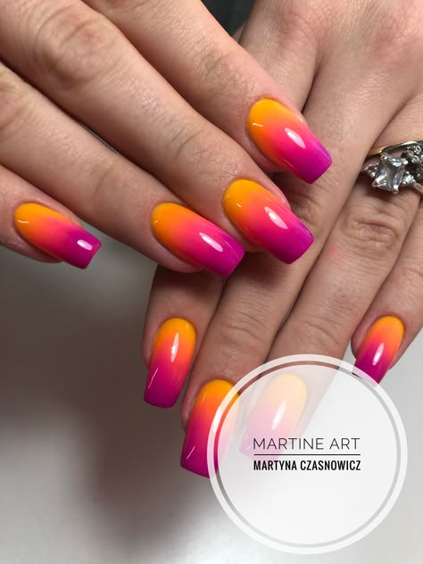 Birthday Ombre Nails, Purple And Orange Ombre Nails, Summer Vacation Nails 2023, Dipped Ombre Nails, Spring Ombre Dip Nails, Spring Ombré Nails, Ombre Nail Colors Ideas Spring, Neon Ombre Nails Bright Colors, Ombre Nail Art Designs Color Combos