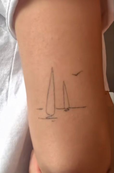 Nautical Fine Line Tattoo, Fine Line Boat Tattoo, Fine Line Lighthouse Tattoo, Cape Cod Tattoo Ideas, Cape Cod Tattoo, Small Sailboat Tattoo, East Coast Tattoo, Minimalist Lighthouse Tattoo, Sailboat Tattoo Simple