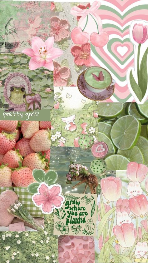 #collage # Ipad Wallpaper Aesthetic Pink And Green, Pink And Green Vision Board, Flower Aesthetic Collage, Green Collage Wallpaper, Pink And Green Theme, Green Aesthetic Collage, Spring Collage, Green Ipad, Nail Vibes