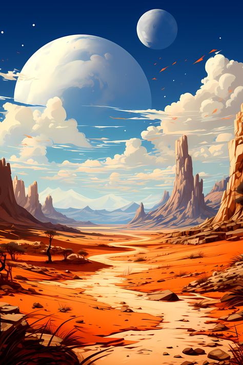 Desert Sci Fi, Desert Fantasy Art, Scifi Desert, Desert Concept Art, Sci Fi Desert, Scifi Landscape, Alien Desert, Chase Money, Cosmic Landscape