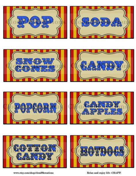 Carnival Food Labels Circus Food Labels Carnival Food Tags | Etsy Circus Event, Carnival Birthday Theme, Circus Food, Carnival Birthday Party Theme, Circus Carnival Party, Birthday Party At Home, Carnival Food, Carnival Circus, Carnival Themed Party