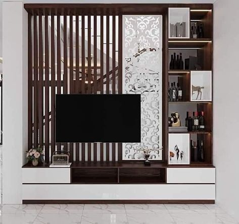 Cnc Tv Unit Design, Tv Unit On Partition Wall, Partition Tv Unit Design, Partition With Tv Unit Interior Design, Tv Unit With Partition Design, Hall Partion Design, Partition With Tv Unit, Partisi Tv, Living Dining Partition