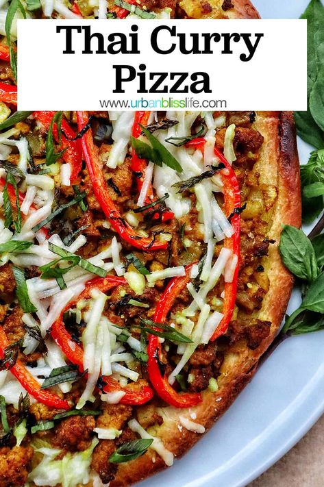 For your next pizza night, try this easy Thai Curry Pizza recipe. It's full of bold flavors and adds a delicious better-than-take-out spin to a classic family favorite! Recipe at UrbanBlissLife.com. Easy Thai Curry, Thai Pizza, Curry Pizza, Thai Chicken Pizza, Thai Chicken Curry, Vegetarian Thai, Pizza Dough Recipe Easy, Pizza Ideas, Easy Curry