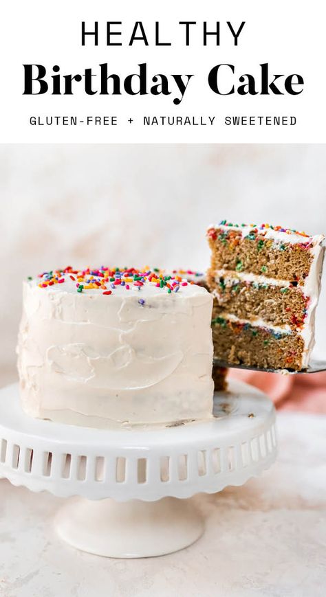 The best healthy birthday cake that's made with a combo of oat and almond flour and topped with healthy cream cheese frosting and rainbow sprinkles. It's fluffy, moist and naturally sweetened, making it a great healthier option for a birthday party or any celebration! Gluten and dairy-free. Healthy Birthday Cake Alternatives, Healthy Birthday Cake Recipes, Paleo Birthday Cake, Healthy Birthday Cake, Healthy Cream Cheese Frosting, Healthy Smash Cake, Birthday Cake Alternatives, Gluten Free Birthday Cake, Healthy Cream Cheese