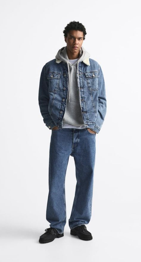 Hoodie And Denim Jacket Outfit Men, Guy Jean Jacket Outfits, Denim Jacket Men Outfit Winter, Jean Jacket Mens Outfits, Jean Jacket Hoodie Outfits Men, Jean Sherpa Jacket Outfit Mens, Denim Mens Outfits, How To Style A Jean Jacket Men, Man Denim Jacket Outfit