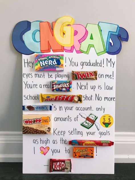 College Graduation Poster Ideas, Cute Graduation Poster Ideas, Graduation Gift Elementary School, Graduation Candy Board Ideas, Graduation Posters Diy, Graduation Gift Ideas Elementary School, Candy Graduation Ideas, Poster For Graduation Ideas, Graduation Candy Poster Boards