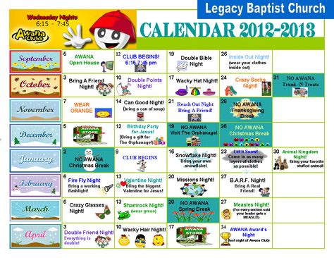 AWANA_Calendar_2012-2013__1_2.gif 1,056×816 pixels Awana Kick Off Night, Awana Kick Off Ideas, Wednesday Theme Ideas, Awana Puggles, Awana Theme Nights, Awana Games, Awana Crafts, Awana Sparks, Awana Ideas