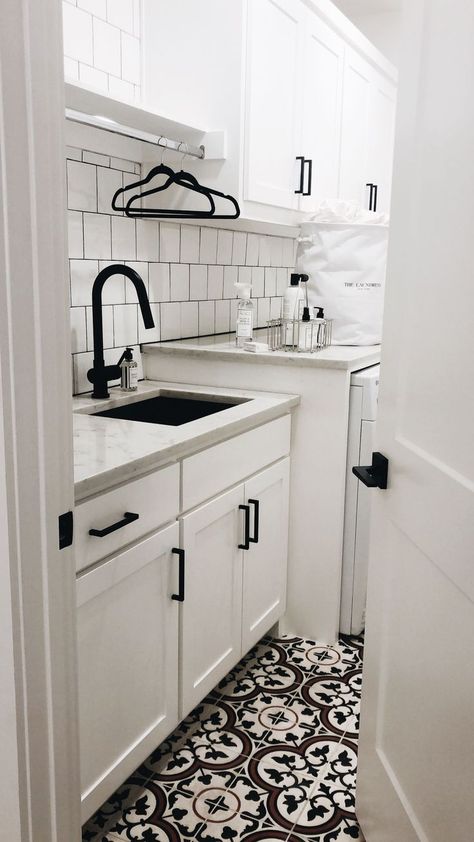 Black And White Laundry, Laundry Room Tile, Laundy Room, White Laundry Rooms, Laundry Room Flooring, Dream Laundry Room, White Laundry, White Room Decor, Laundry Room Renovation