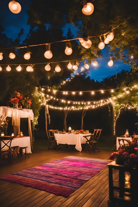 Backyard party with colorful string lights and lanterns creating a lively, festive atmosphere for an outdoor event. Small Backyard Party, Creative Lighting Ideas, Welcoming Party, Backyard Lighting Ideas, Birthday Bbq, Backyard Lighting, Cute Fairy, Solar Lanterns, Backyard Retreat