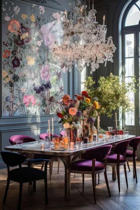 Colourful Dining Room with Large Chandelier and Velvet chairs Modern Dining Table Luxury, Marble Dining Table Decor, Funky Dining Room, Funky Interior Design, Purple Dining Room, Velvet Dining Room Chairs, Large Floral Wallpaper, Jade Design, Floral Chair