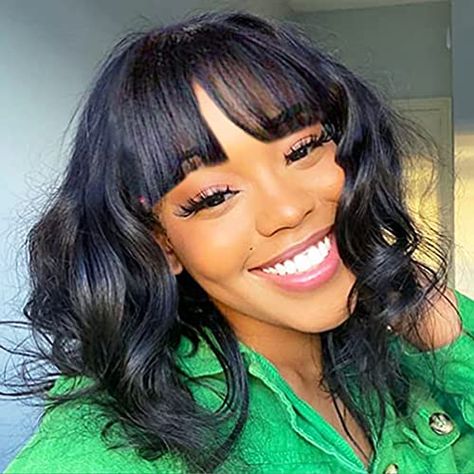 Check out this 🔥 Hair Body Wave Human Hair Wig with Bangs! Made from 100% Brazilian Virgin Hair, this Bob Wig has a natural color and 130% density. It's glueless and perfect for Black women. Get your trendy look now! #AD #CommissionsEarned Grey Hair Extensions, Bob Wig With Bangs, Short Wavy Bob, Beautiful Wigs, Human Virgin Hair, High Technology, Wig With Bangs, Body Wave Wig, Short Bob Wigs