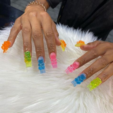 Blue Gummy Bear Nails, Gummy Bear Nails, Long Acrylic Nail, Nails Long Acrylic, Bear Nails, Charm Nails, Graffiti Nails, Kiki Lala, Junk Nails